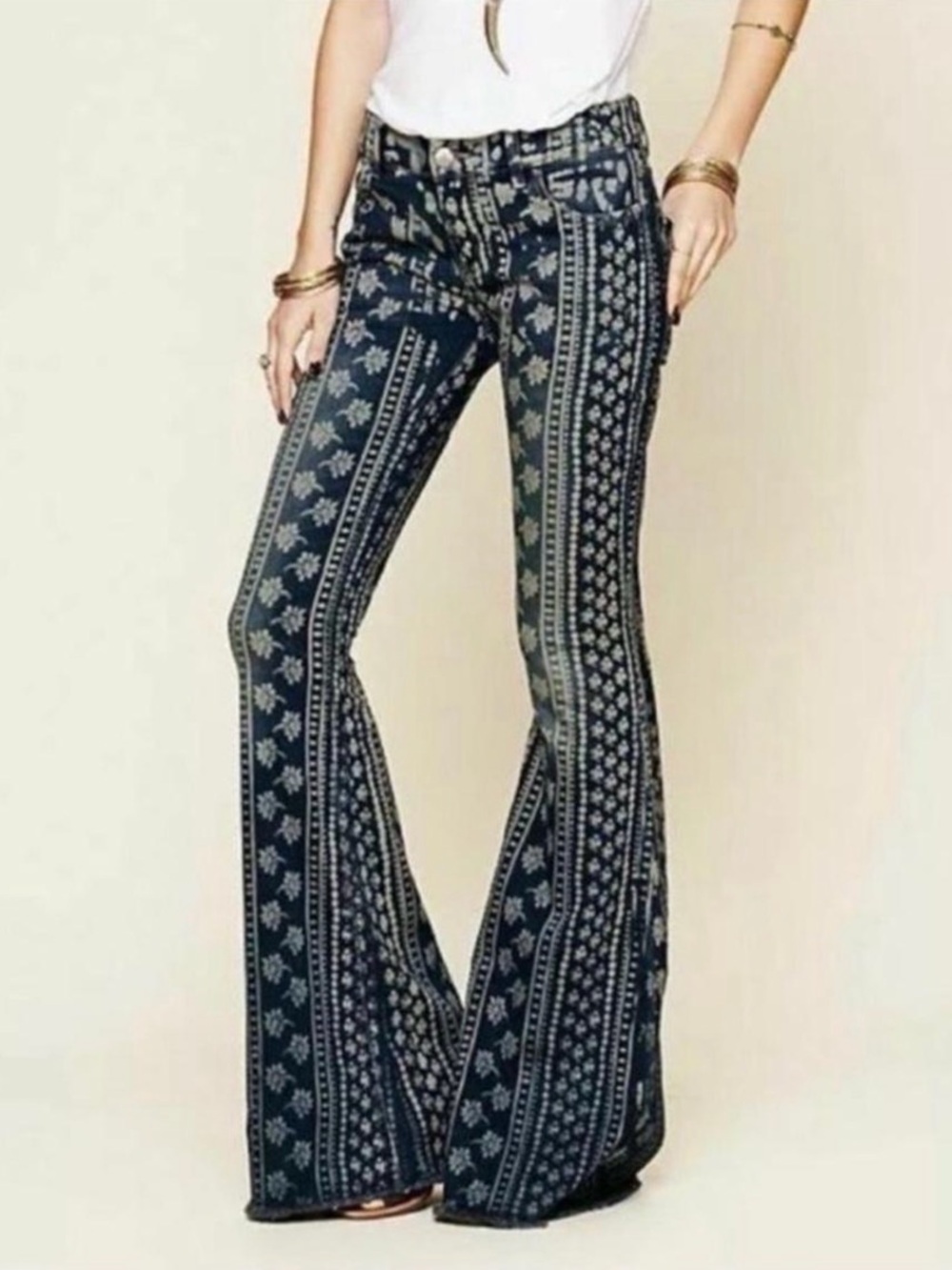 Patterned Navy Flare Jeans - Women